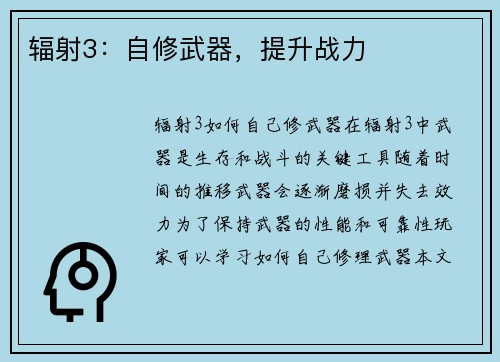 辐射3：自修武器，提升战力